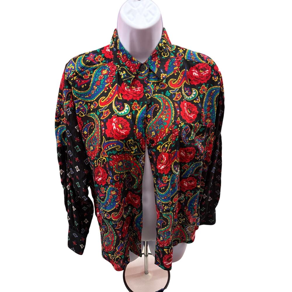 Vintage Chaus Petite women Size 4 100% Rayon Paisley & Rose Crinkle Blouse - Picture 3 of 4
